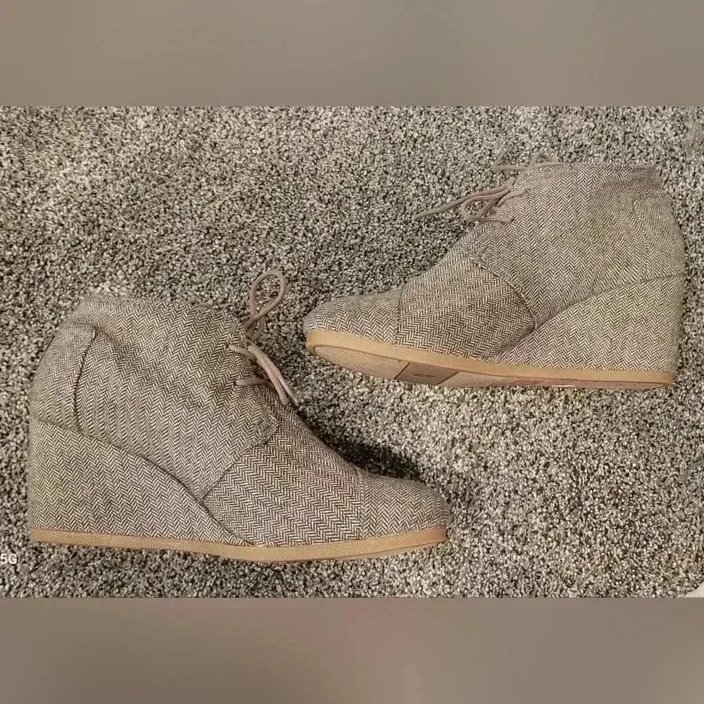 Toms Desert Herringbone Lace Up Wedge Ankle Oxford Bootie Brown Wool Upper Sz 11